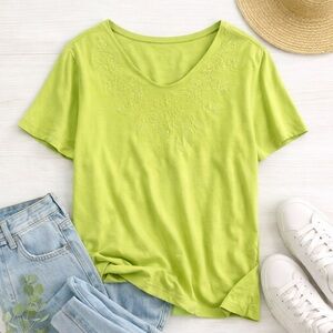 Woman Within Lime Green Embroidered V-Neck Tee 4X Plus Size Short Sleeve Top